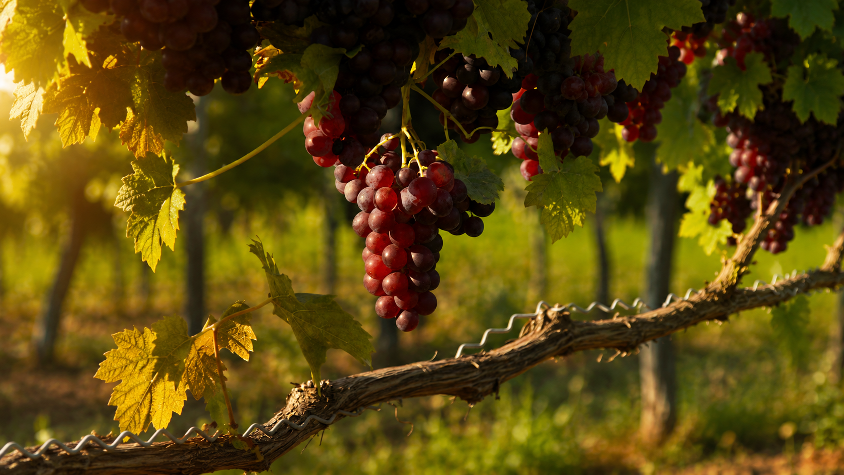 Uvas vermelhas no vinhedo ao pôr do sol